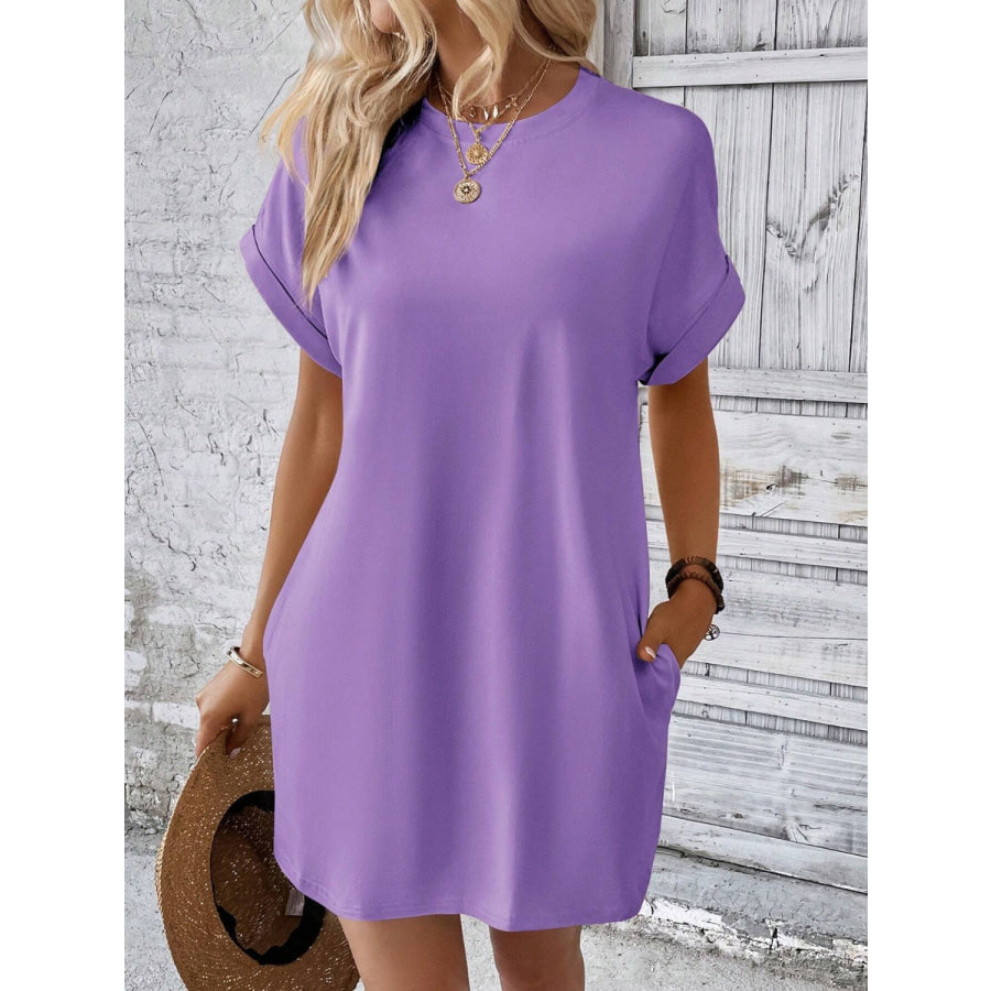 Round Neck Short Sleeve Mini Dress Lavender / S Apparel and Accessories