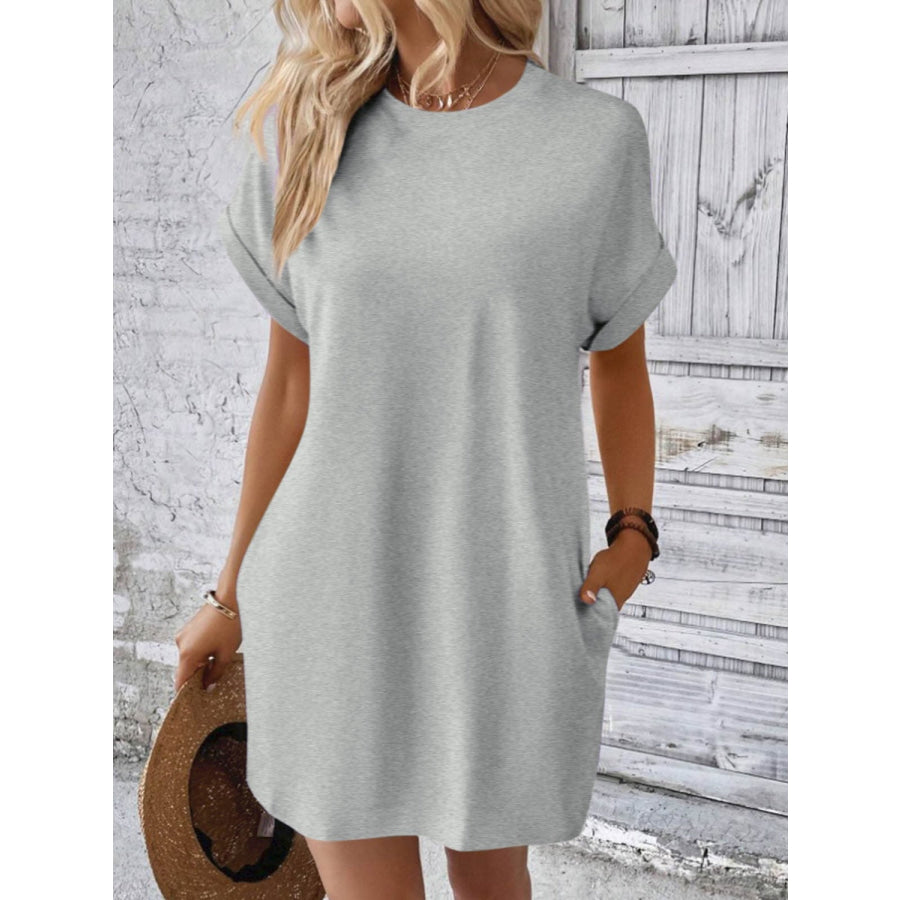 Round Neck Short Sleeve Mini Dress Light Gray / S Apparel and Accessories