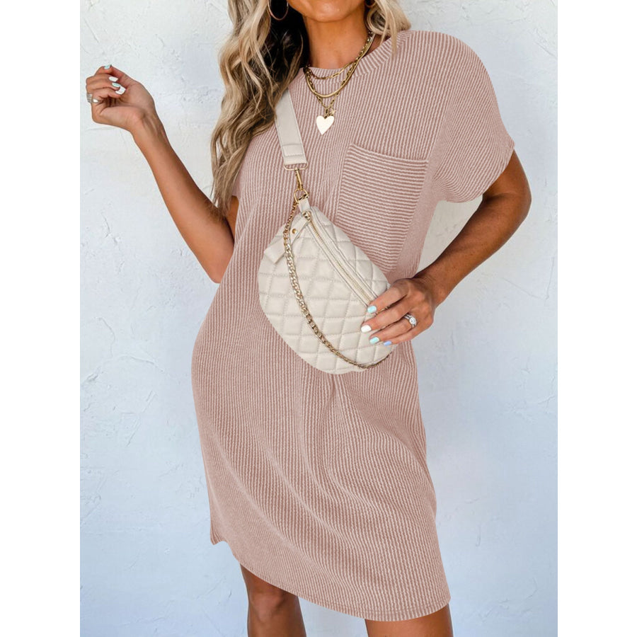 Round Neck Short Sleeve Mini Dress Mocha / S Apparel and Accessories