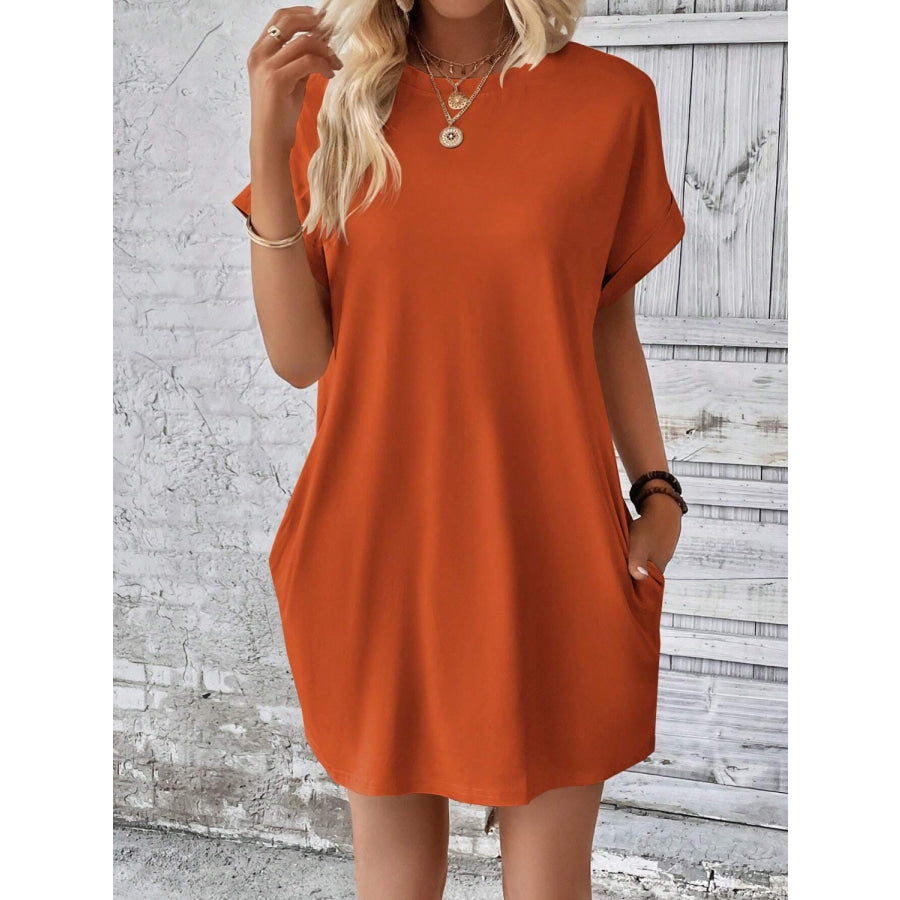 Round Neck Short Sleeve Mini Dress Orange / S Apparel and Accessories