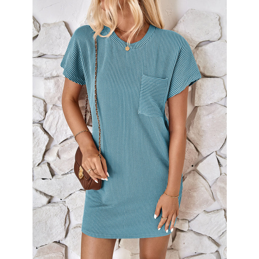 Round Neck Short Sleeve Mini Dress Pastel Blue / S Apparel and Accessories