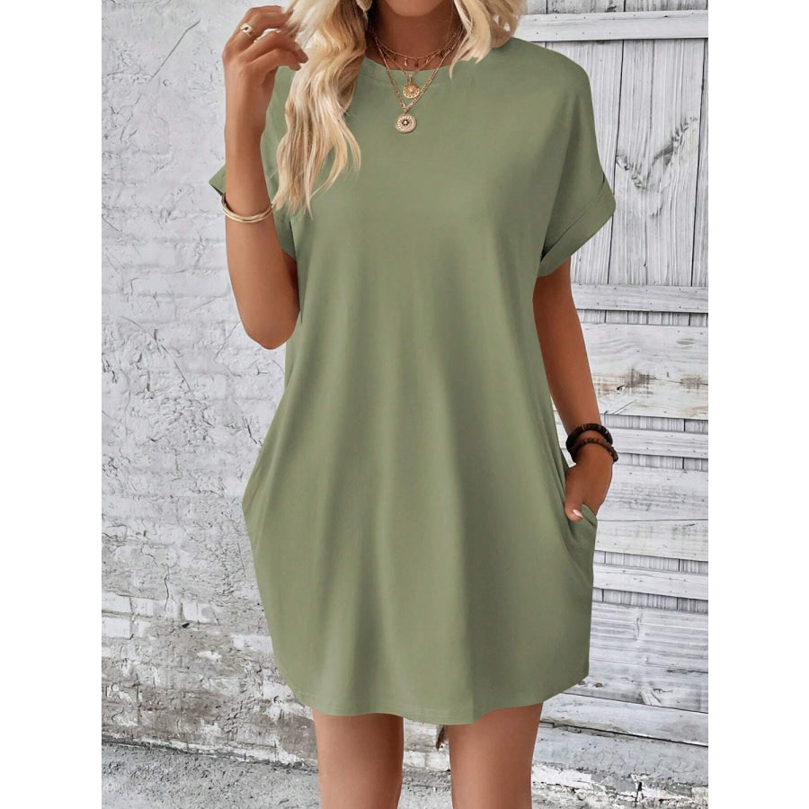 Round Neck Short Sleeve Mini Dress Sage / S Apparel and Accessories