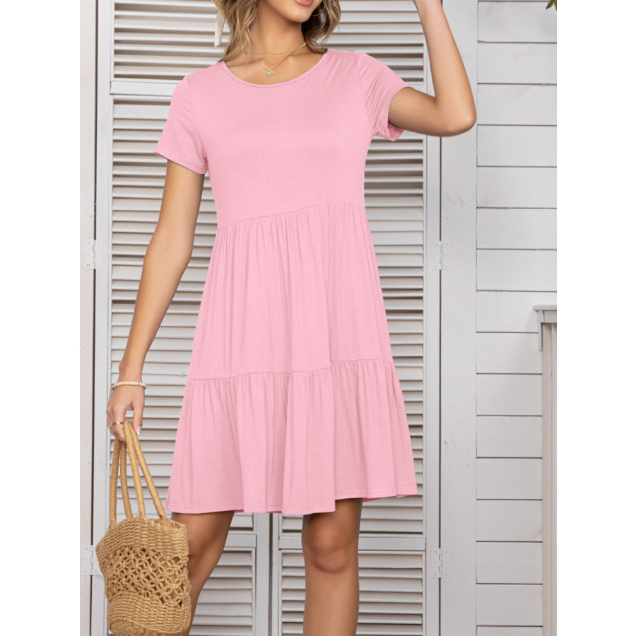 Round Neck Short Sleeve Mini Tee Dress Blush Pink / S Apparel and Accessories