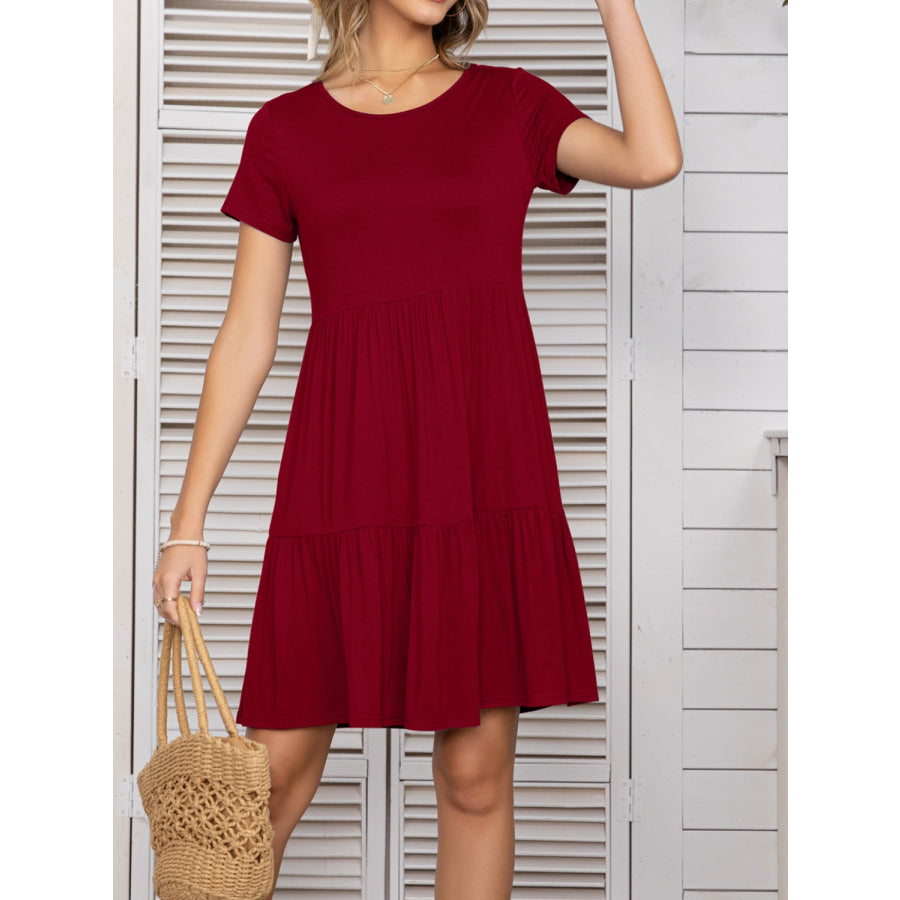 Round Neck Short Sleeve Mini Tee Dress Burgundy / S Apparel and Accessories