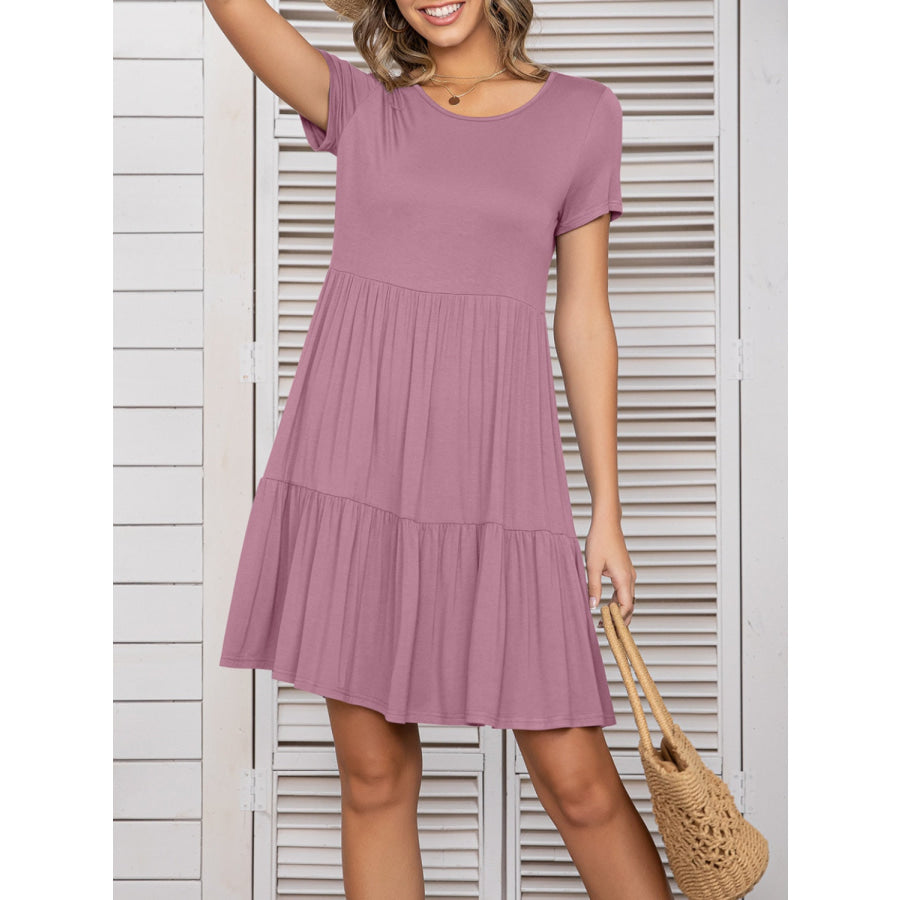 Round Neck Short Sleeve Mini Tee Dress Dusty Pink / S Apparel and Accessories