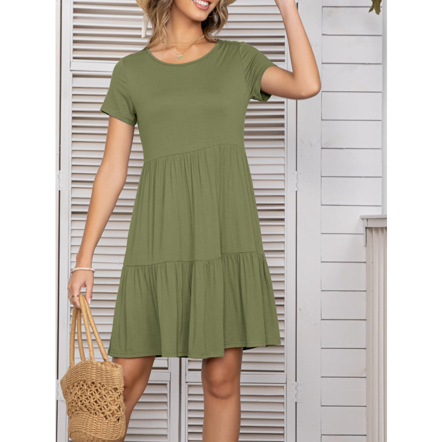 Round Neck Short Sleeve Mini Tee Dress Sage / S Apparel and Accessories