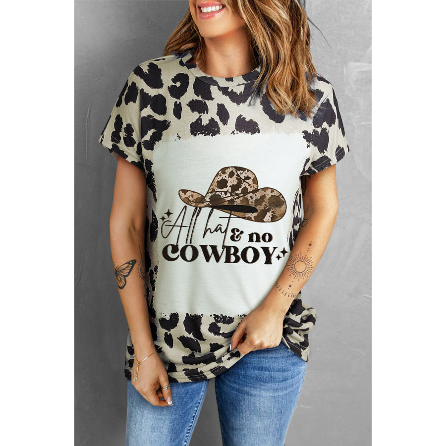 Round Neck Short Sleeve Printed ALL HATS NO COWBOY Graphic Tee Leopard / S Apparel and Accessories