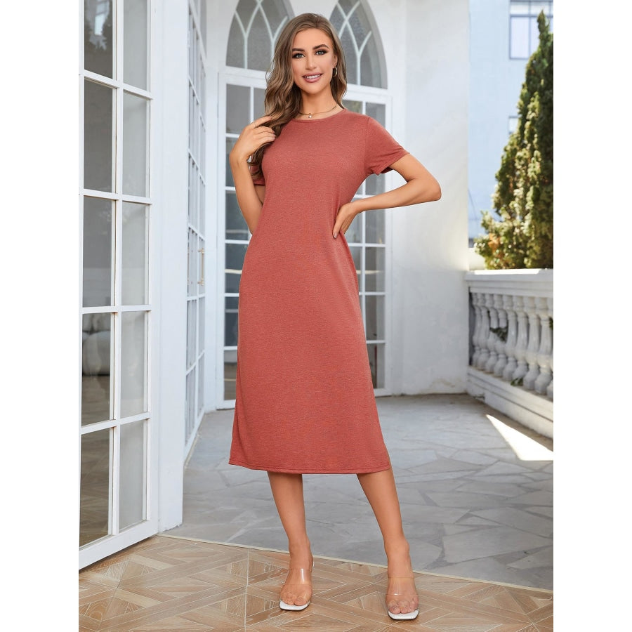 Round Neck Short Sleeve Slit Dress Brick Red / S