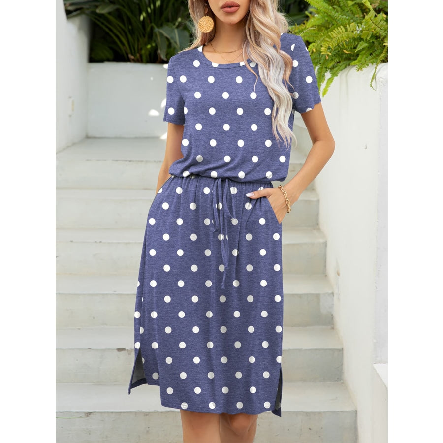 Round Neck Short Sleeve Slit Dress with Pockets Dusty Blue / S