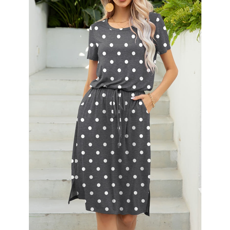 Round Neck Short Sleeve Slit Dress with Pockets Gray/Dot / M