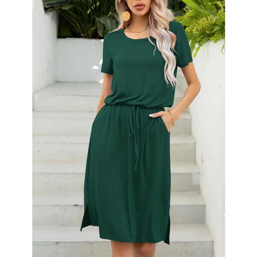 Round Neck Short Sleeve Slit Dress with Pockets Green / S