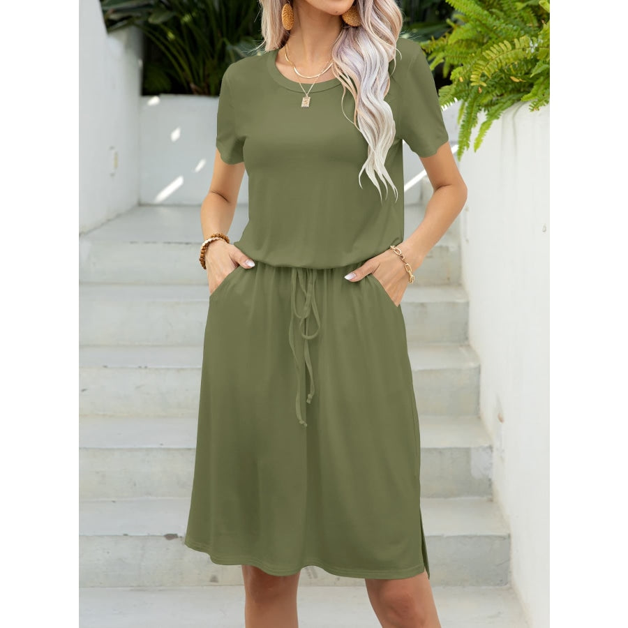 Round Neck Short Sleeve Slit Dress with Pockets Matcha Green / L