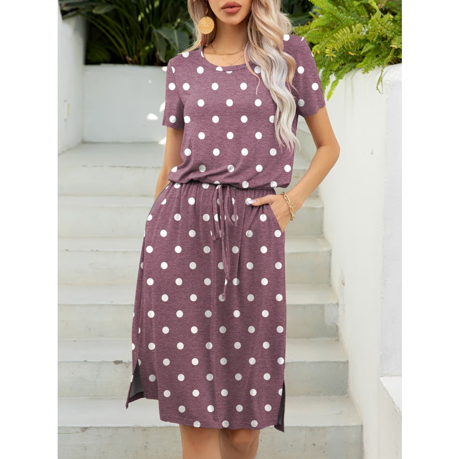 Round Neck Short Sleeve Slit Dress with Pockets Moonlit Mauve / S