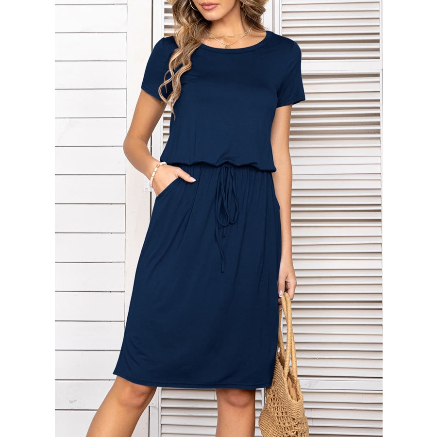 Round Neck Short Sleeve Slit Dress with Pockets Navy / M