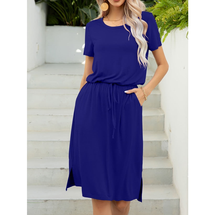 Round Neck Short Sleeve Slit Dress with Pockets Royal Blue / L