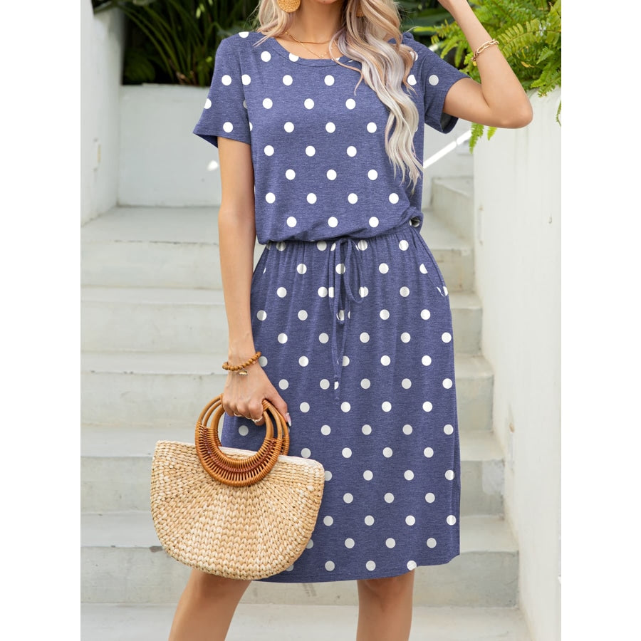 Round Neck Short Sleeve Slit Dress with Pockets