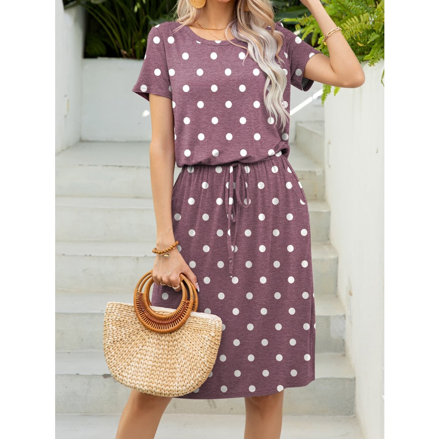 Round Neck Short Sleeve Slit Dress with Pockets