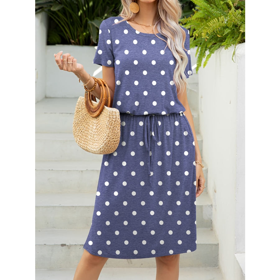 Round Neck Short Sleeve Slit Dress with Pockets