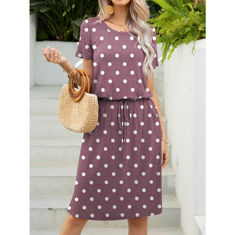 Round Neck Short Sleeve Slit Dress with Pockets