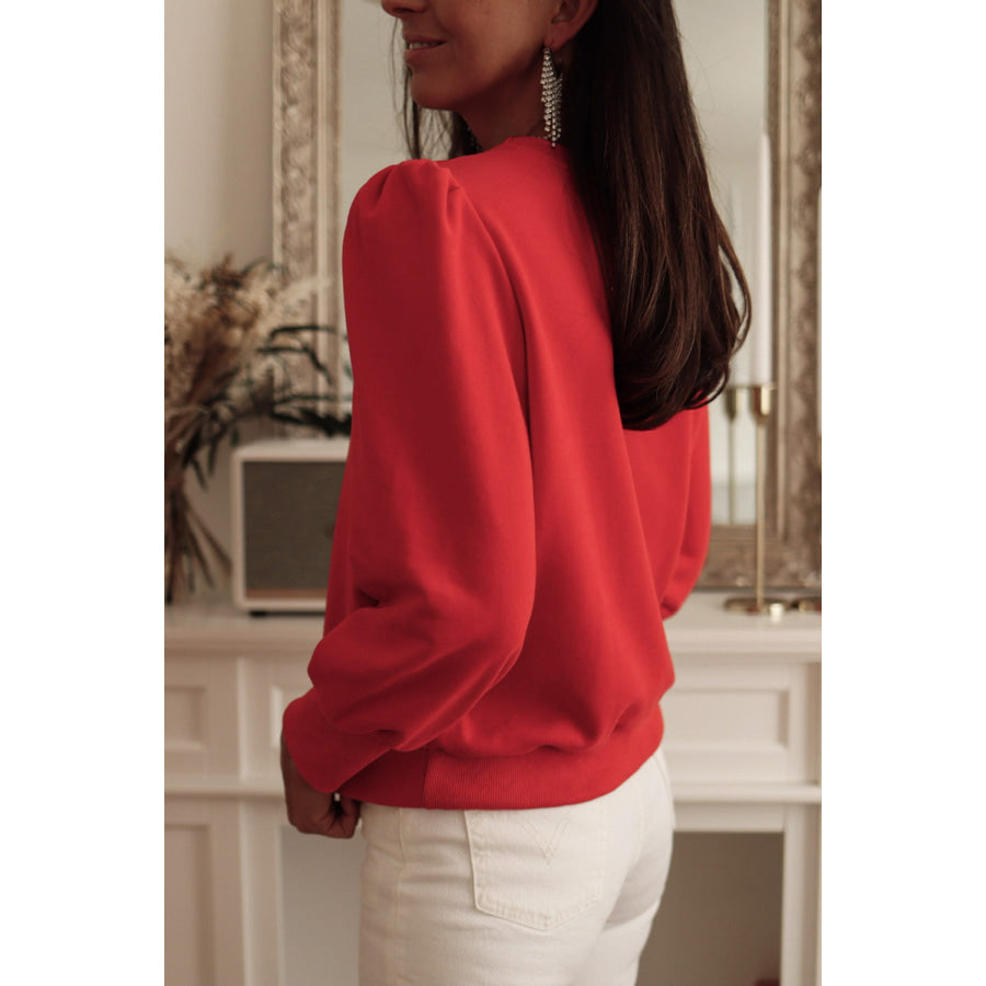 Round Neck Short Sleeve Sweatshirt Red Orange / S
