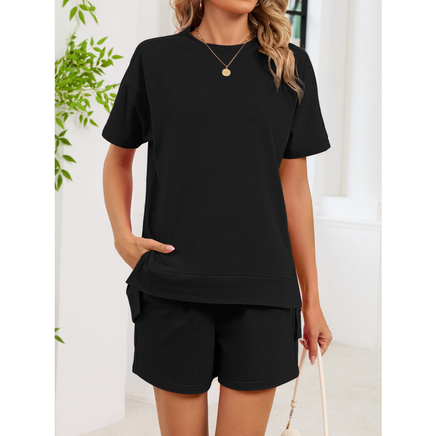 Round Neck Short Sleeve T-Shirt and Shorts Set Black / S Apparel and Accessories
