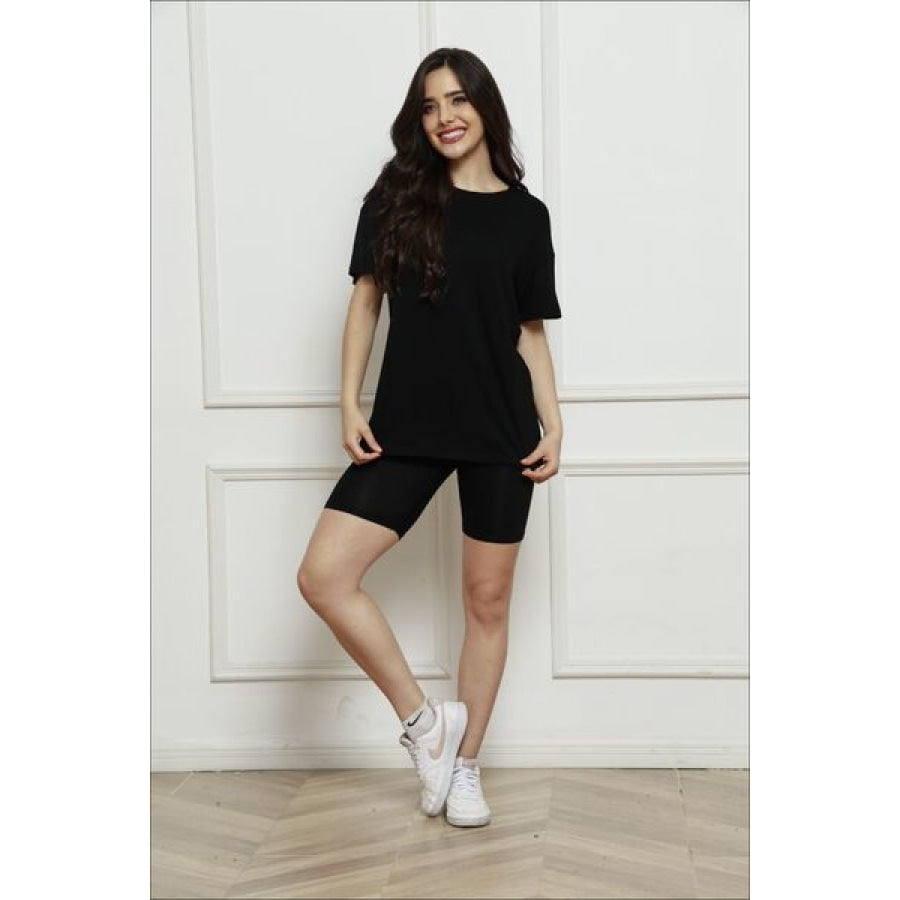 Round Neck Short Sleeve T-Shirt and Shorts Set Black / S Clothing