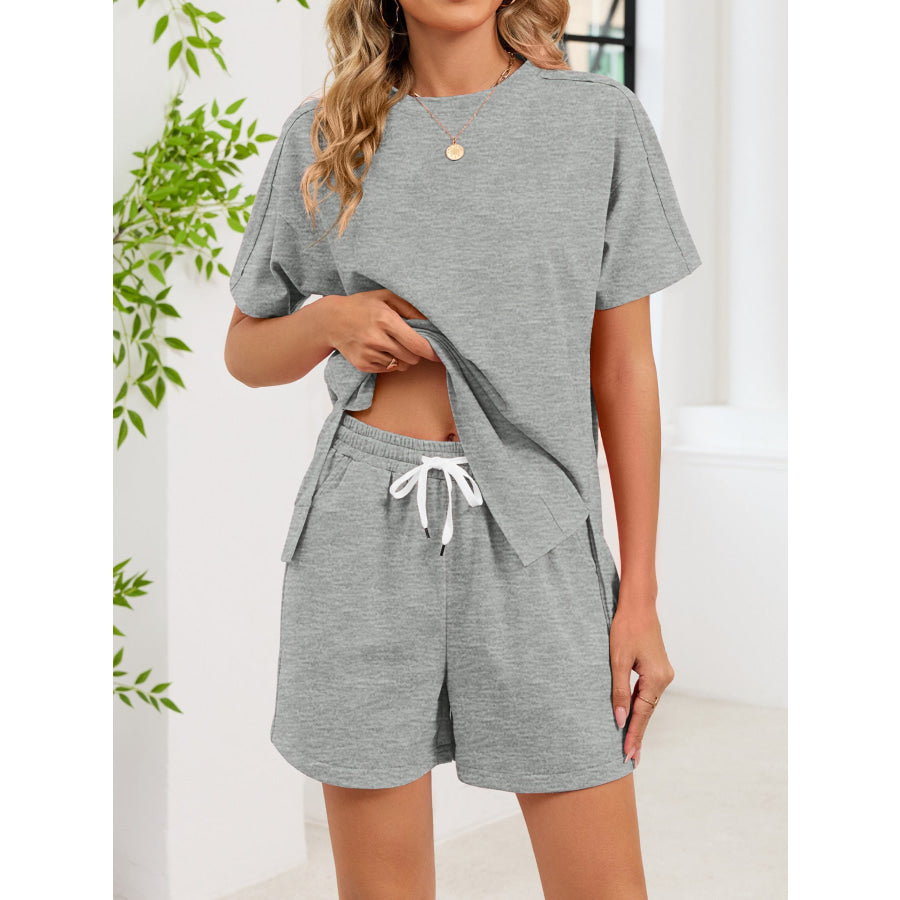 Round Neck Short Sleeve T-Shirt and Shorts Set Gray / S Apparel and Accessories
