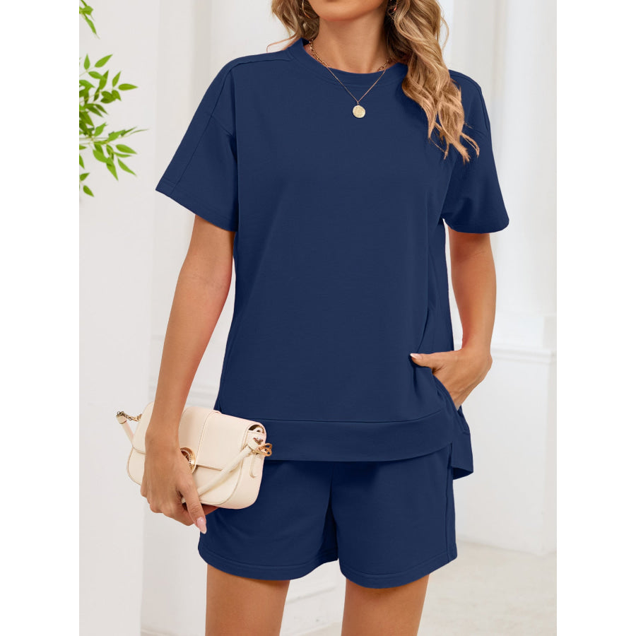 Round Neck Short Sleeve T-Shirt and Shorts Set Navy Blue / S Apparel and Accessories
