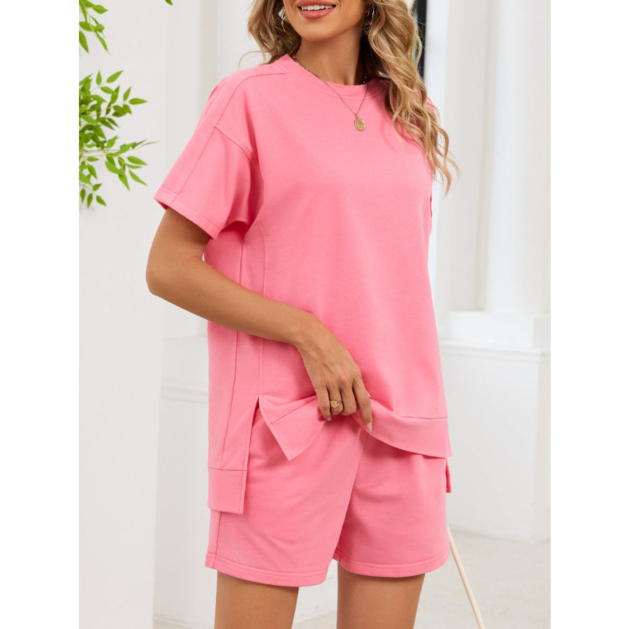 Round Neck Short Sleeve T-Shirt and Shorts Set Pink / S Apparel and Accessories