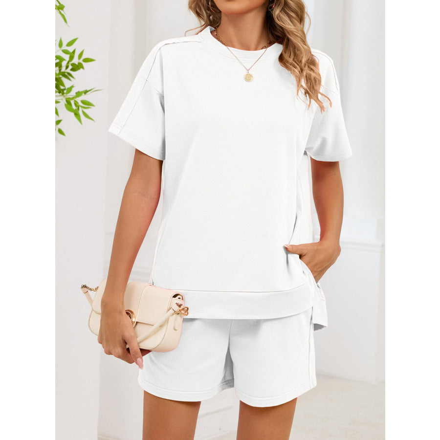 Round Neck Short Sleeve T-Shirt and Shorts Set White / S Apparel and Accessories