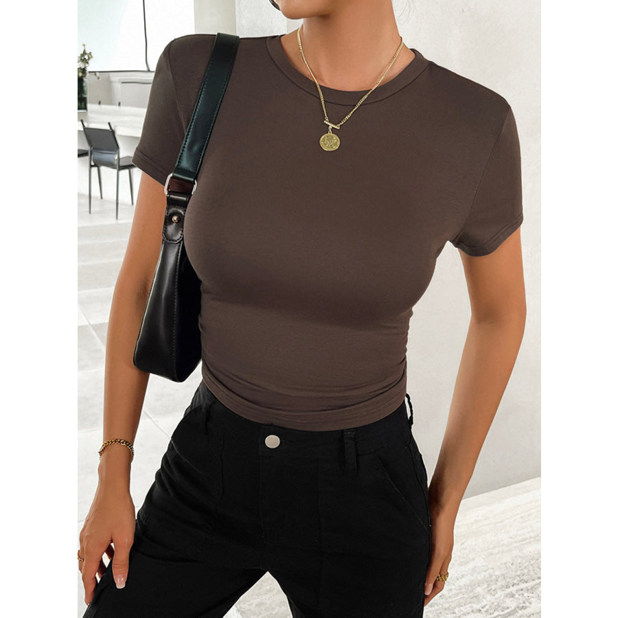 Round Neck Short Sleeve T-Shirt Coffee Brown / S Apparel and Accessories