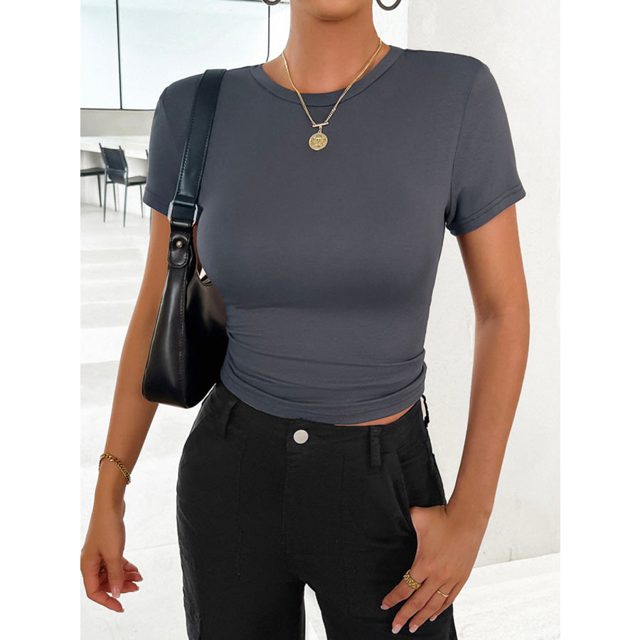 Round Neck Short Sleeve T-Shirt Dark Gray / S Apparel and Accessories