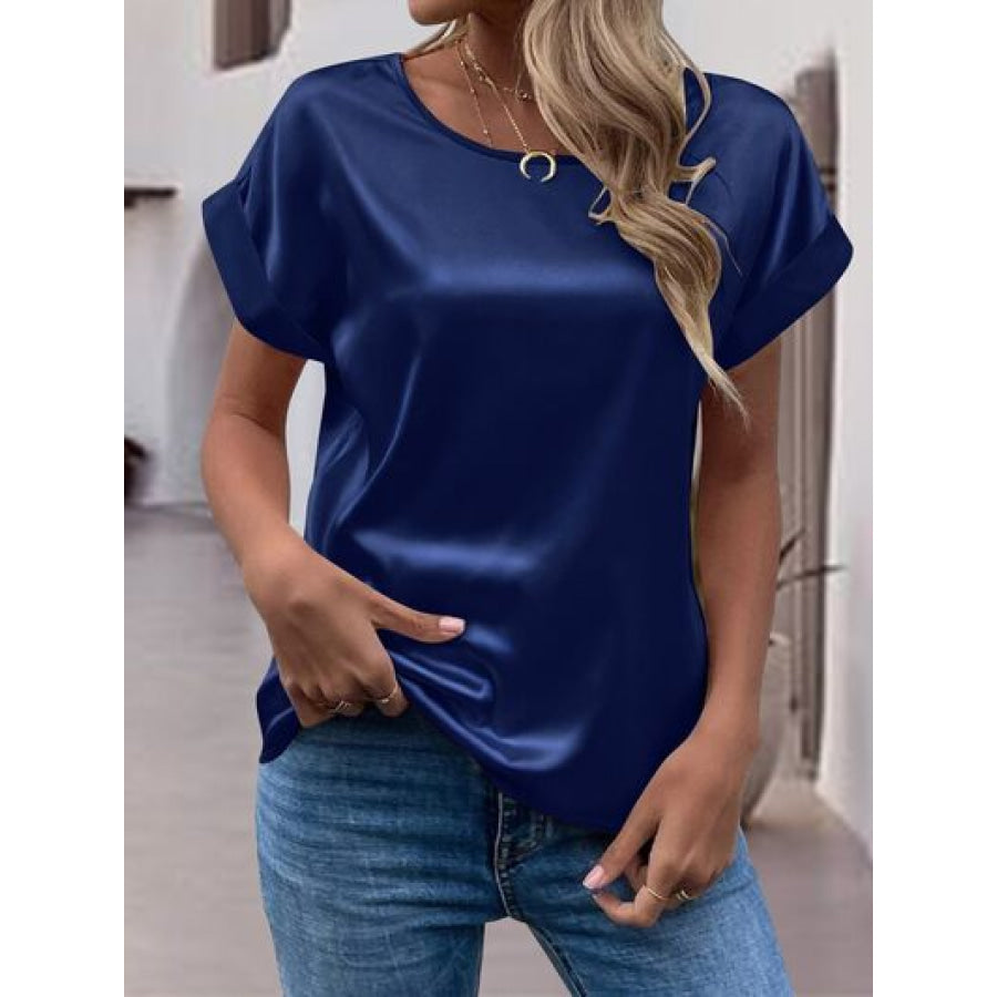 Round Neck Short Sleeve T - Shirt Navy / S Apparel and Accessories