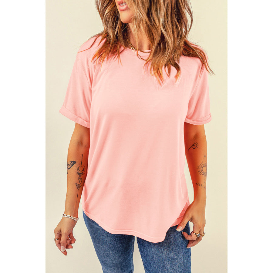 Round Neck Short Sleeve T - Shirt Peach / S Apparel and Accessories