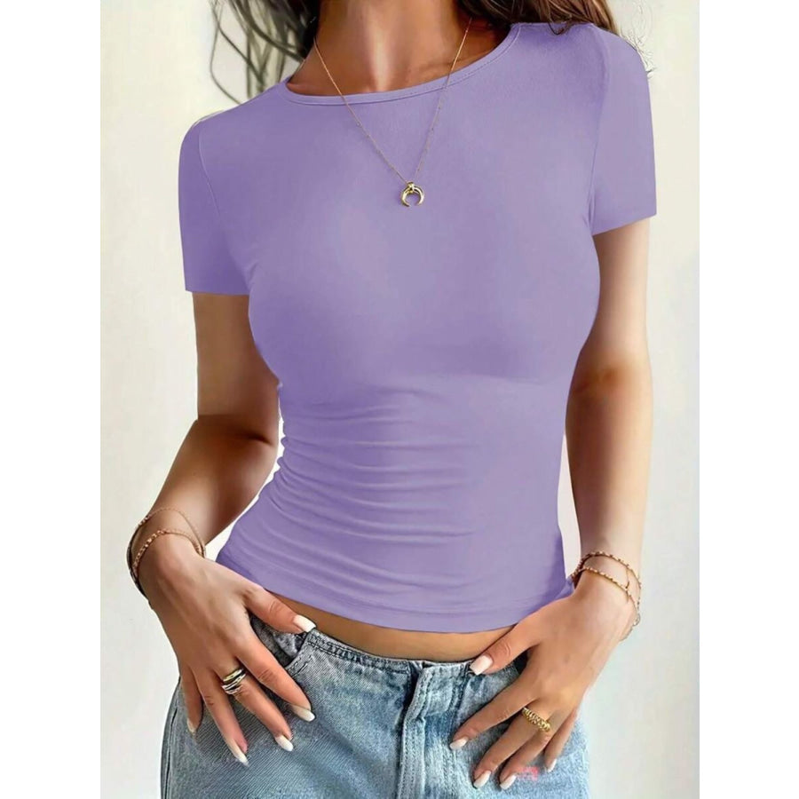 Round Neck Short Sleeve T-Shirt Pink Purple / XS Apparel and Accessories