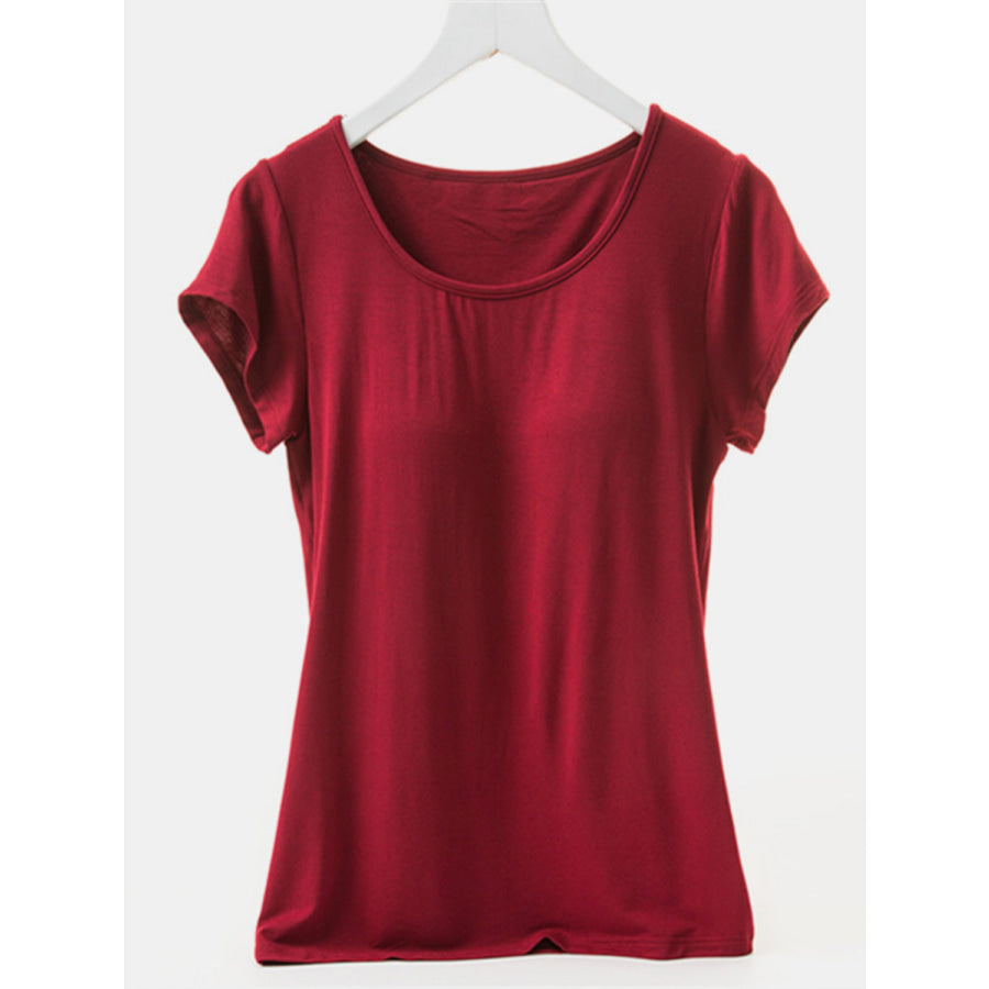 Round Neck Short Sleeve T-Shirt with Bra Burgundy / M Apparel and Accessories