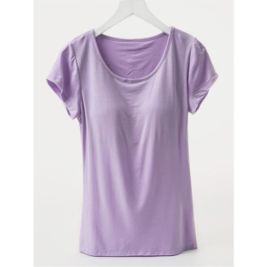 Round Neck Short Sleeve T-Shirt with Bra Lavender / M Apparel and Accessories