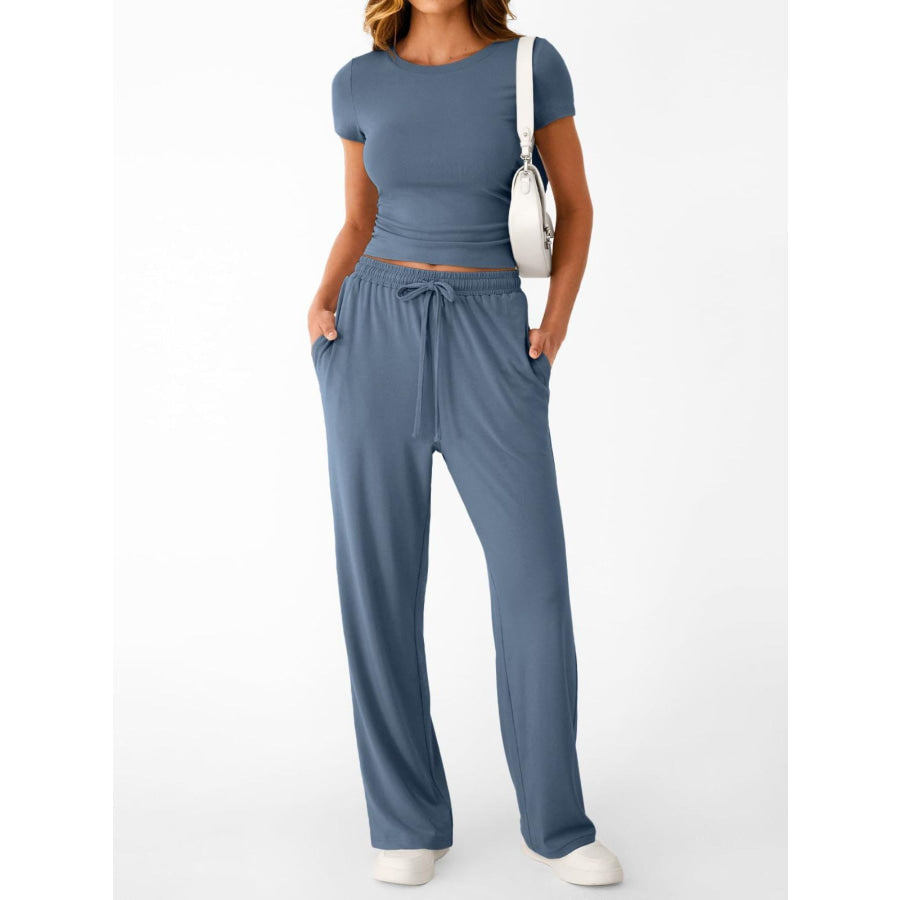 Round Neck Short Sleeve Tee and Pants Set Apparel and Accessories