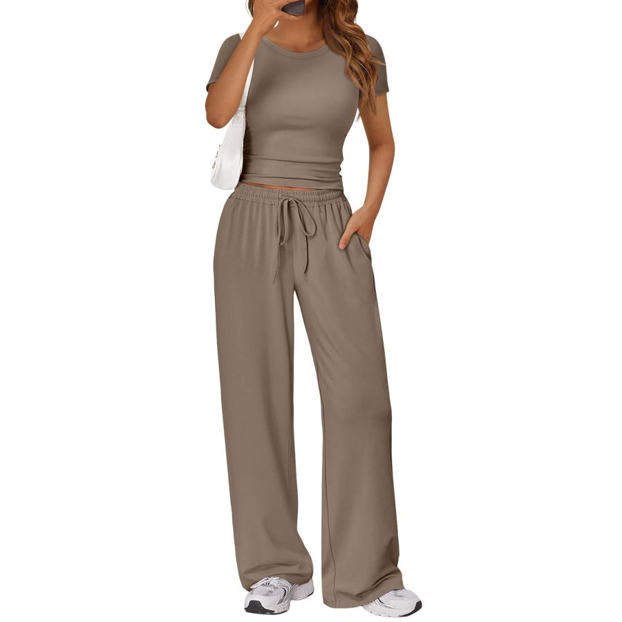 Round Neck Short Sleeve Tee and Pants Set Apparel and Accessories