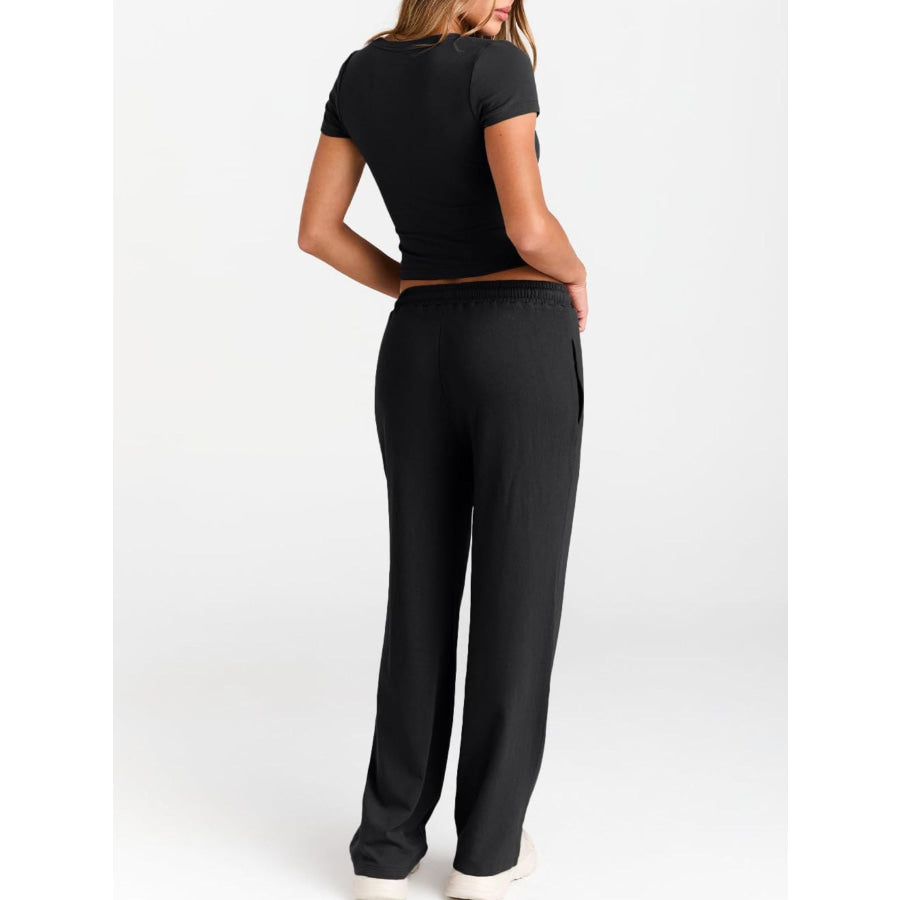 Round Neck Short Sleeve Tee and Pants Set Apparel and Accessories