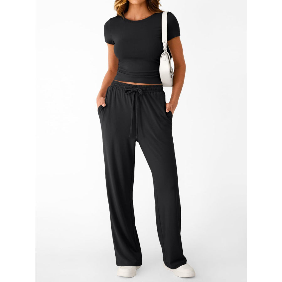 Round Neck Short Sleeve Tee and Pants Set Apparel and Accessories