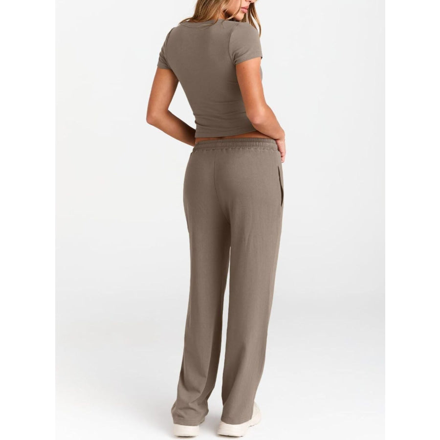 Round Neck Short Sleeve Tee and Pants Set Apparel and Accessories