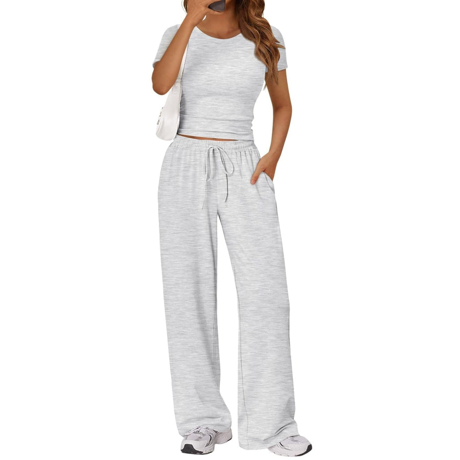 Round Neck Short Sleeve Tee and Pants Set Apparel and Accessories