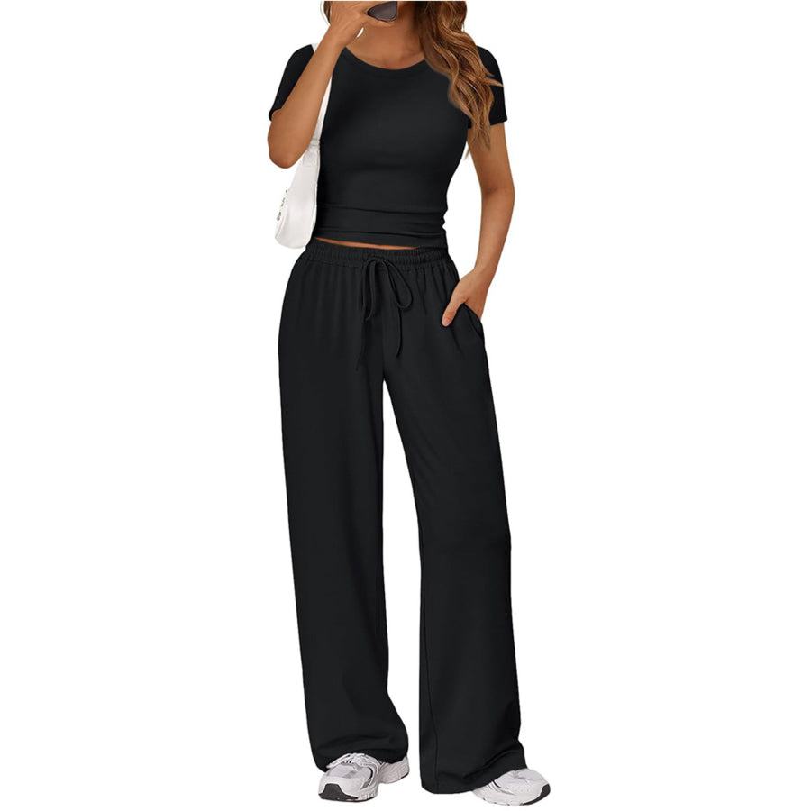 Round Neck Short Sleeve Tee and Pants Set Black / S Apparel and Accessories