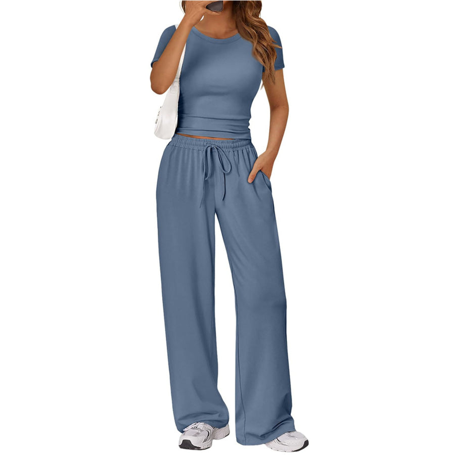 Round Neck Short Sleeve Tee and Pants Set Blue / S Apparel and Accessories