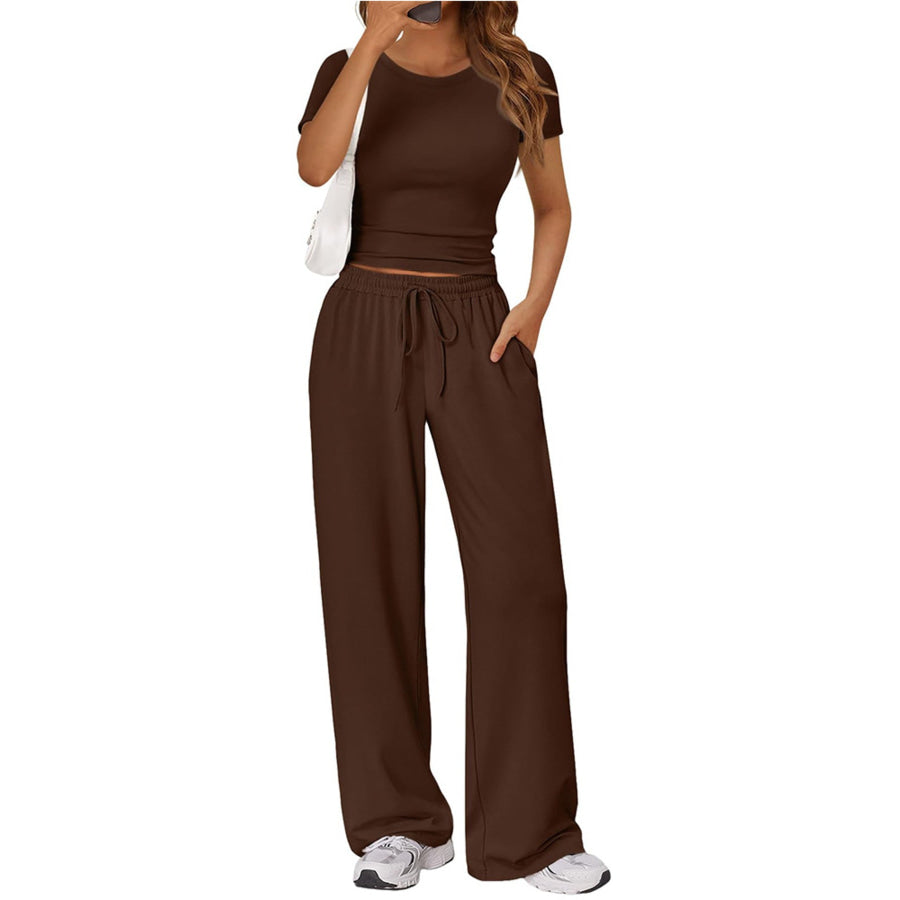 Round Neck Short Sleeve Tee and Pants Set Brown / S Apparel and Accessories