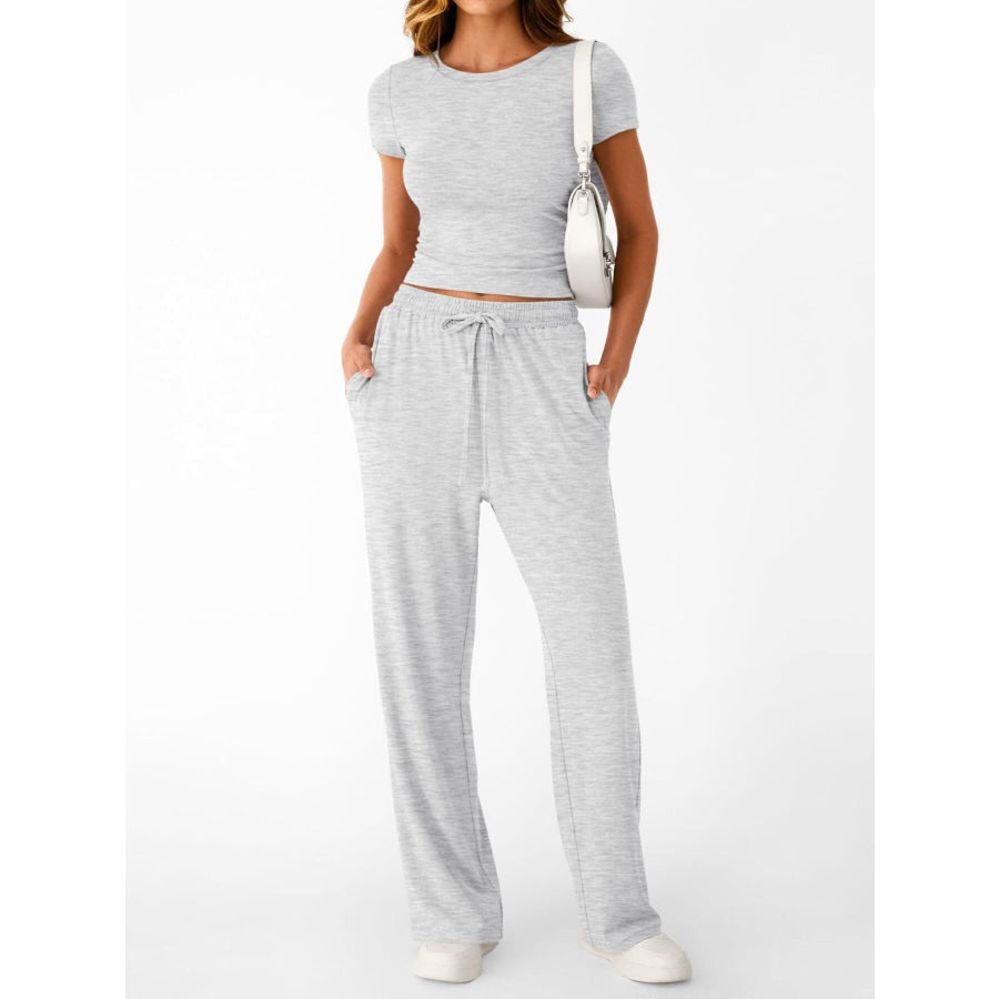 Round Neck Short Sleeve Tee and Pants Set Gray / S Apparel and Accessories