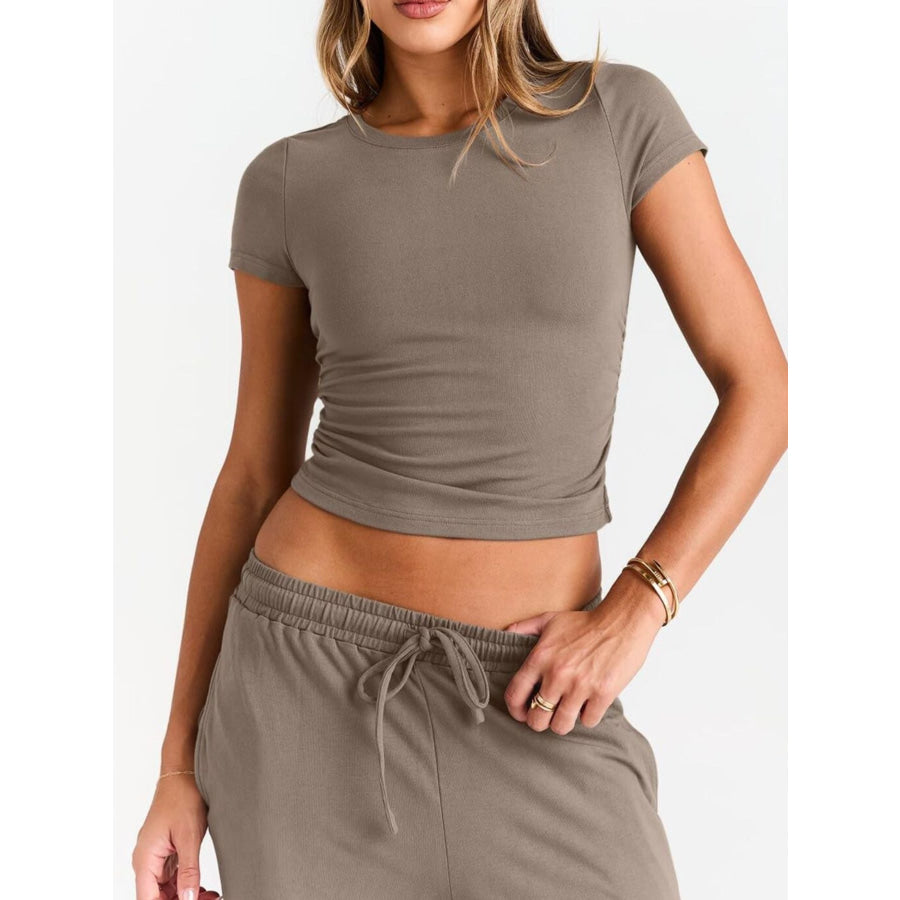 Round Neck Short Sleeve Tee and Pants Set Khaki / S Apparel and Accessories