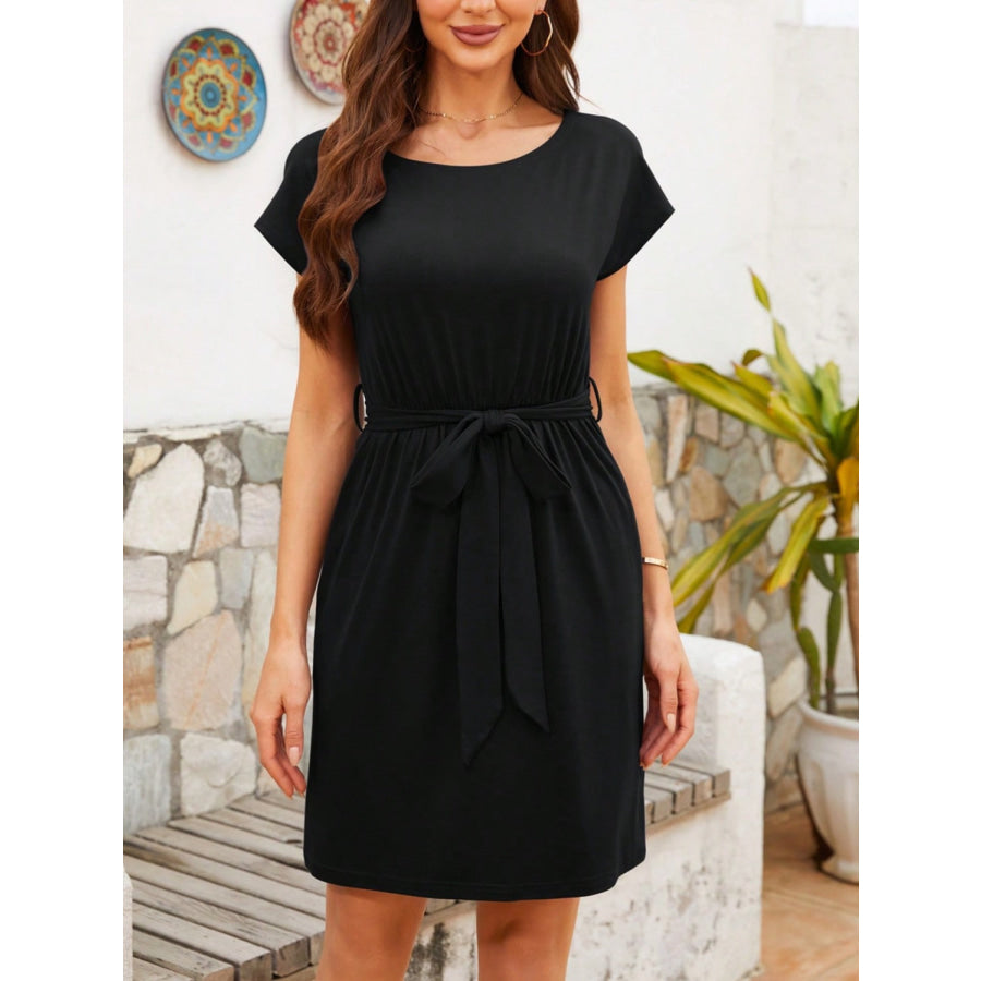 Round Neck Short Sleeve Tie Waist Mini Tee Dress Apparel and Accessories