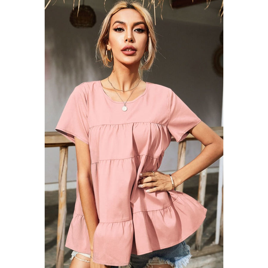 Round Neck Short Sleeve Tiered Blouse Blush Pink / S